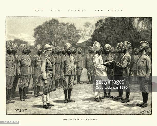 gooroo swearing a sikh recuit to british indian army, 1891 - british culture stock illustrations