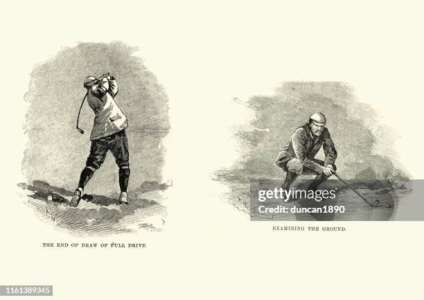 victorian golf, full drive and examining the ground - golf course illustration stock illustrations