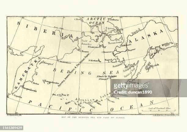 ilustraciones, imágenes clip art, dibujos animados e iconos de stock de mapa del mar de behring y parte de alaska, 1891 - bering sea
