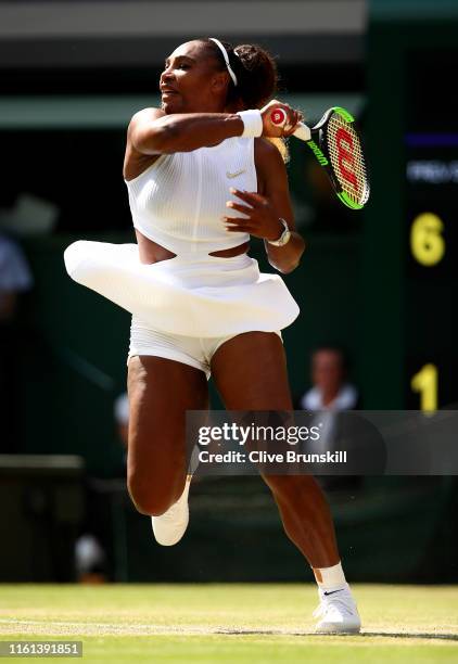 Serena Williams of The United States plays a forehand in her Ladies' Singles semi-final match against Barbora Strycova of The Czech Republic during...