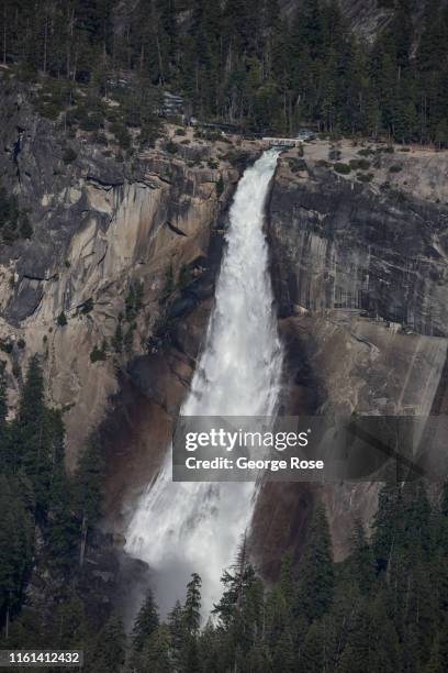 The iconic Nevada Fall is viewed from Glacier Point flowing at record levels on July 1 in Yosemite Valley, California. With record winter and spring...