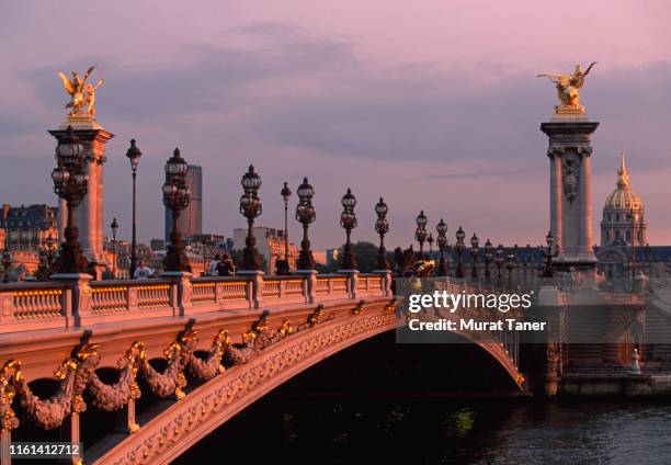 pont alexandre iii bridge and les invalides in paris - gold meets golden stockfoto's en -beelden