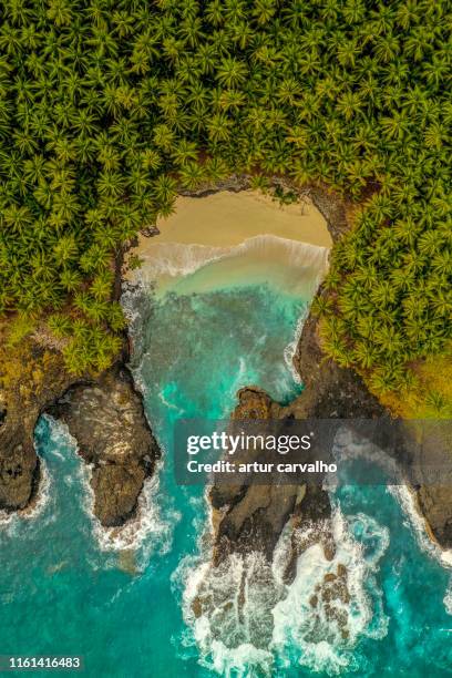 tropical island beach from above - são tomé e principe stock-fotos und bilder