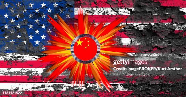 burnt, flaking usa flag, signet. china flag explodes in us flag, us economic war and china, symbols photo,germany - years since tet offensive began stock illustrations