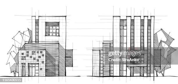 hand drawn black and white architecture - structural glass facade stock illustrations