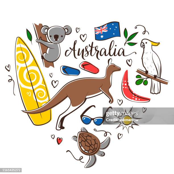 ilustraciones, imágenes clip art, dibujos animados e iconos de stock de símbolos de australia - cultura australiana