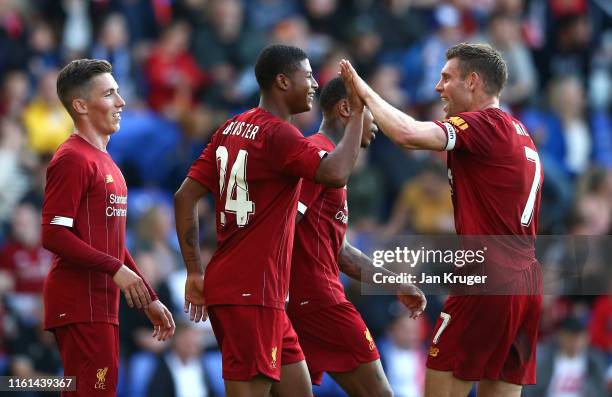 Rhian Brewster of Liverpool celebrates scoring his second goal during the Pre-Season Friendly match between Tranmere Rovers and Liverpool at Prenton...