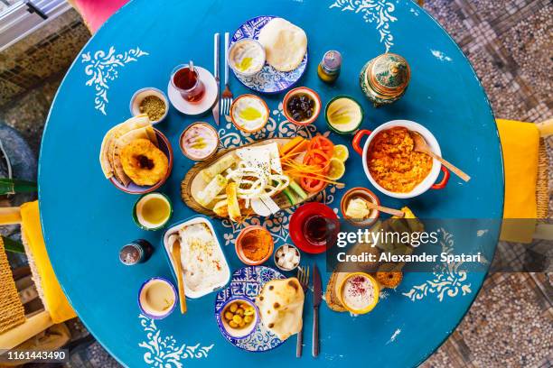 directly above view of traditional turkish breakfast in a restaurant, istanbul, turkey - turkisk kultur bildbanksfoton och bilder