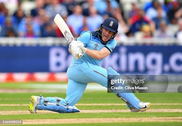 Eoin Morgan of England in action batting during the Semi-Final match of the ICC Cricket World Cup 2019 between Australia and England at Edgbaston on...