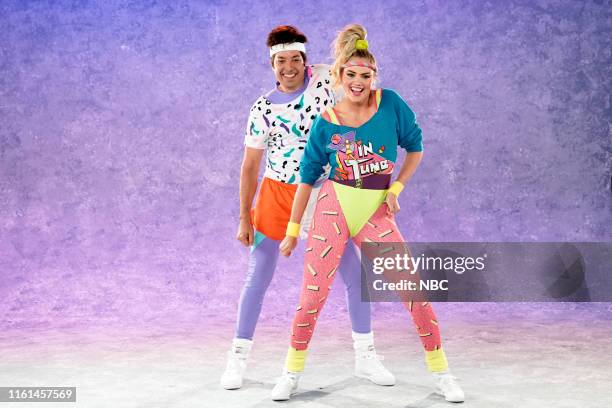 Episode 1106 -- Pictured: Host Jimmy Fallon and model Kate Upton during "80's Aerobics Dance Challenge" on August 12, 2019 --