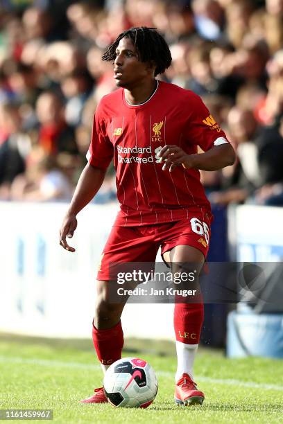 Yasser Larouci of Liverpool during the Pre-Season Friendly match between Tranmere Rovers and Liverpool at Prenton Park on July 11, 2019 in...