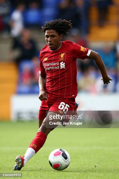 Yasser Larouci of Liverpool during the Pre-Season Friendly match between Tranmere Rovers and Liverpool at Prenton Park on July 11, 2019 in...