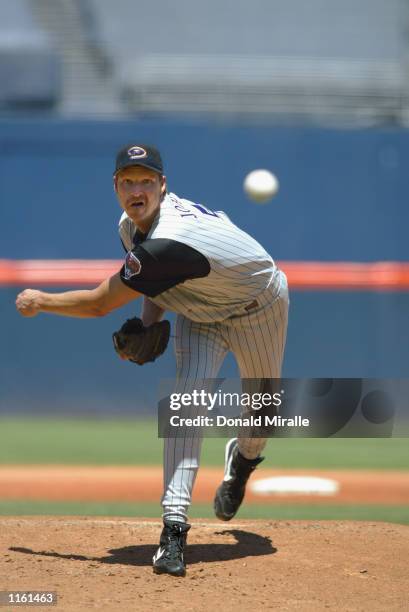 Left-Hander Randy Johnson of the Arizona Diamondbacks pitches against the San Diego Padres during the MLB game on July 21, 2002 at Qualcomm Stadium...