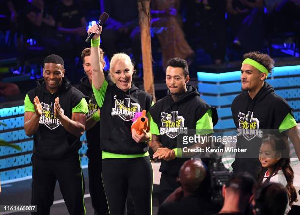 Kel Mitchell, Shaun White, Lindsey Vonn, Nyjah Huston, and Trae Young celebrate after Ms. Vonn won the Need for Speed award onstage during...