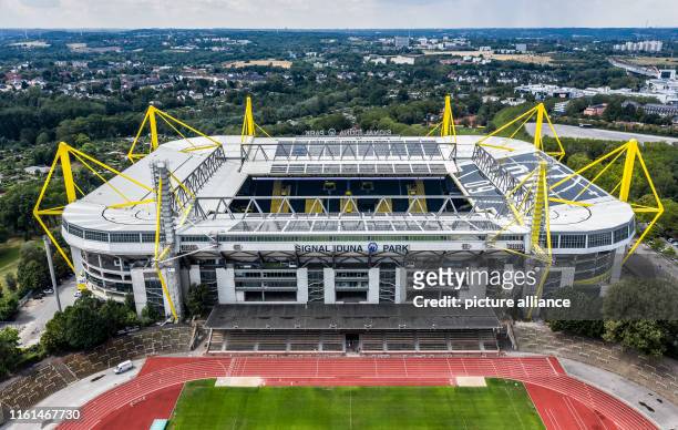 September 2017, North Rhine-Westphalia, Dortmund: The Signal Iduna Park of Borussia Dortmund from a bird's eye view . At the annual press conference...