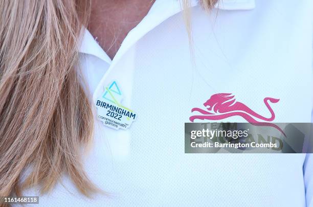 Detail of the team England volleyball shirt showing the Common Wealth Games logo during the Commonwealth Games new sport announcement at Edgbaston on...