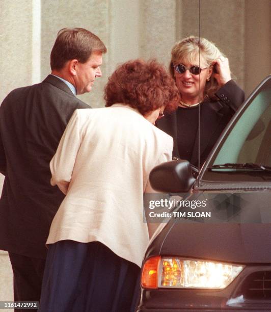 Linda Tripp arrives at the US District Courthouse in Washington, DC 16 July for a possible sixth appearance before the grand jury investigating...