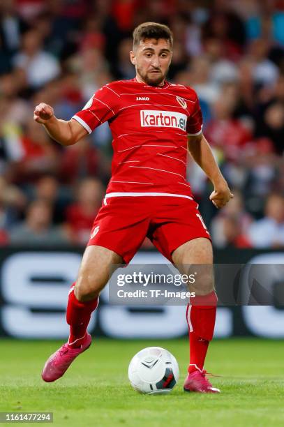 Berkan Taz of Energie Cottbus controls the ball during the DFB Cup first round match between Energie Cottbus and FC Bayern Muenchen at Stadion der...