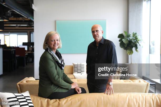 Meg Whitman and Jeffrey Katzenberg are photographed at their startup Quibi, a digital studio that is creating bite-sized shows for millennials, in...