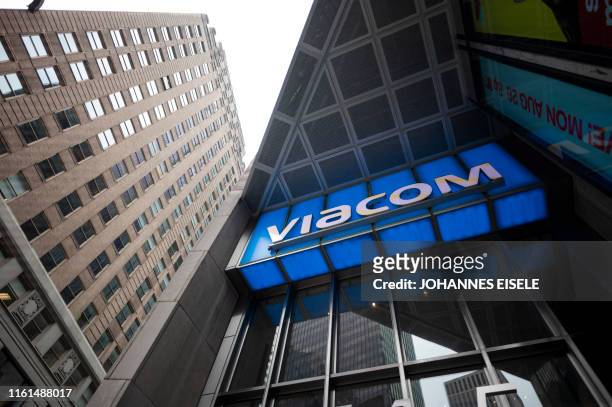 The Viacom logo is seen outside company headquarters in New York City August 13, 2019. CBS and Viacom announced on August 13, 2019 they have reached...