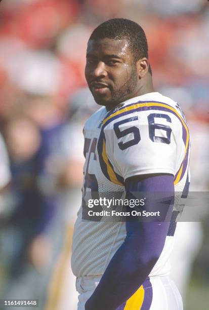 Chris Doleman of the Minnesota Vikings looks on during an NFL football game circa 1992. Doleman played for the Vikings from 1985-93 and in 1999.