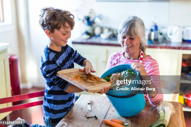 grandson helping with kitchen waste for composting - compost stock pictures, royalty-free photos & images