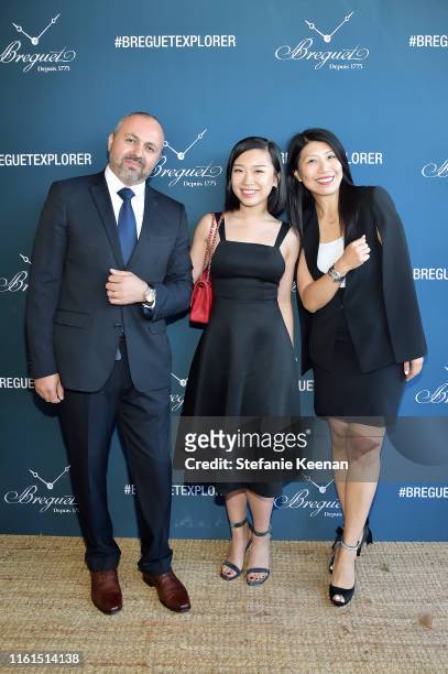 Edgar Jaghinyan, Tiana Xiong and Weili Yeh attend Breguet Marine Collection Launch at Little Beach House Malibu on July 11, 2019 in Malibu,...