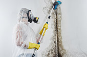 A professional disinfector in overalls processes the walls from mold with a brush. Removal of black fungus in the apartment and house. Aspergillus.