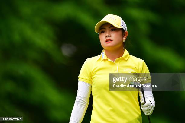 Yui Kawamoto of Japan reacts after her tee shot on the 7th hole during the second round of the Nippon Ham Ladies Classic at Katsura Golf Club on July...