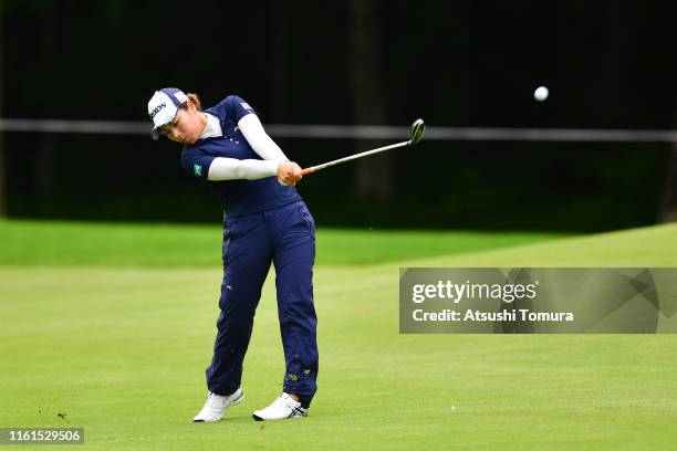 Eri Okayama of Japan hits her second shot on the 7th hole during the second round of the Nippon Ham Ladies Classic at Katsura Golf Club on July 12,...