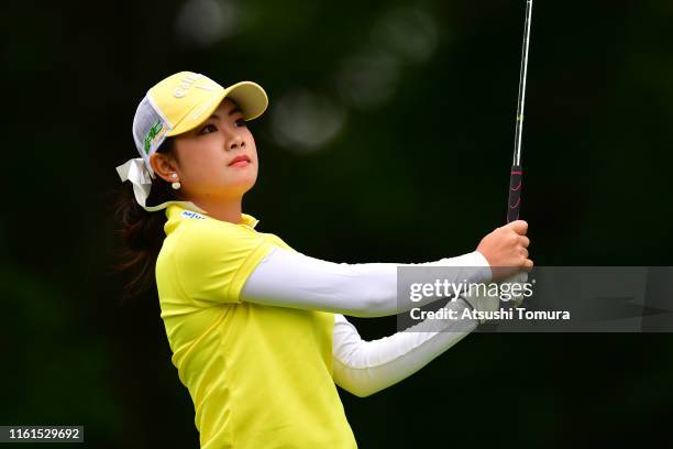 Yui Kawamoto of Japan hits her tee shot on the 8th hole during the second round of the Nippon Ham Ladies Classic at Katsura Golf Club on July 12,...