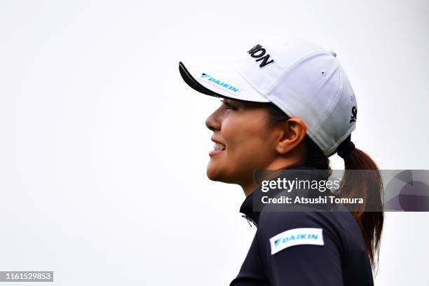 Hina Arakaki of Japan smiles on the 8th hole during the second round of the Nippon Ham Ladies Classic at Katsura Golf Club on July 12, 2019 in...