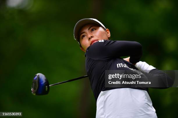 Hina Arakaki of Japan hits her tee shot on the 9th hole during the second round of the Nippon Ham Ladies Classic at Katsura Golf Club on July 12,...