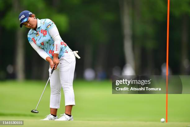 Ai Suzuki of Japan attempts a putt on the 9th green during the second round of the Nippon Ham Ladies Classic at Katsura Golf Club on July 12, 2019 in...