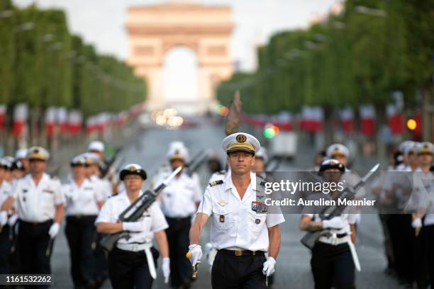 French military march down the Champs Elysee during the Bastille Day military ceremony rehearsals on July 12, 2019 in Paris, France. The Bastille Day...