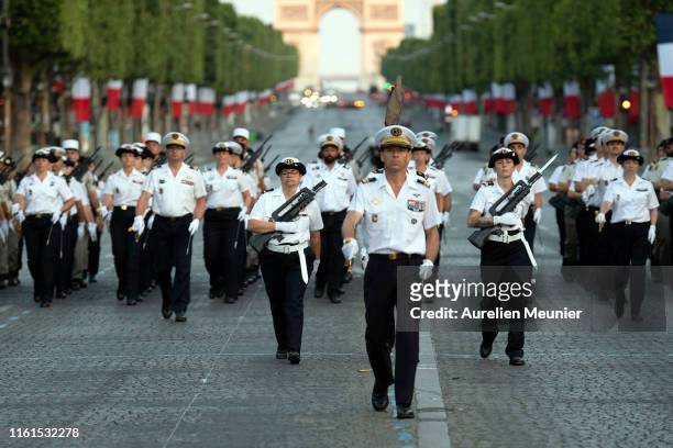 French military march down the Champs Elysee during the Bastille Day military ceremony rehearsals on July 12, 2019 in Paris, France. The Bastille Day...