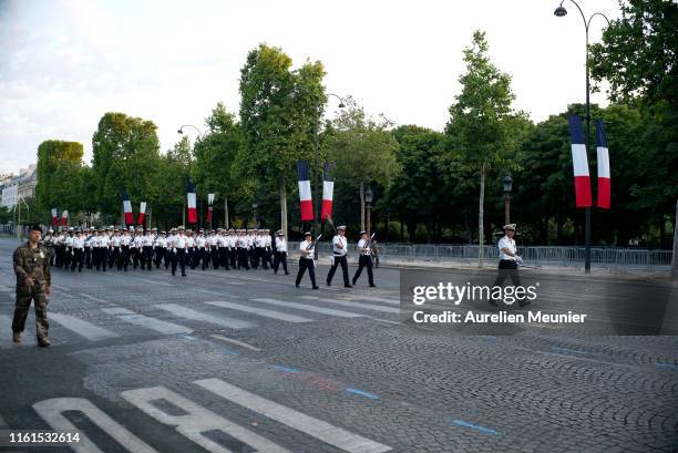 French military march down the Champs Elysee during the Bastille Day military ceremony rehearsals on July 12, 2019 in Paris, France. The Bastille Day...