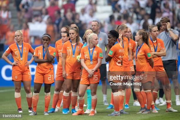 Players of the Netherlands react after the 2019 FIFA Women's World Cup France Final match between The United States of America and The Netherlands at...