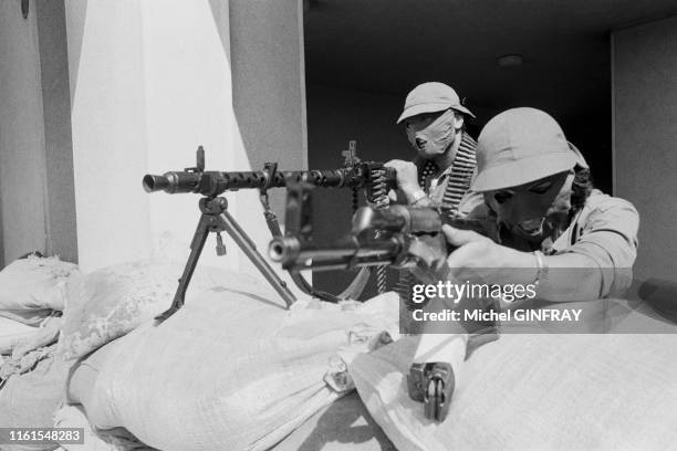 Phalangistes de Pierre Gemayel lors de la guerre civile à Beyrouth en octobre 1975, Liban.