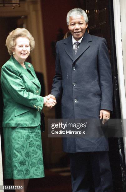 Prime Minister Margaret Thatcher at 10 Downing Street with President of South Africa Nelson Mandela. 4th July 1990.