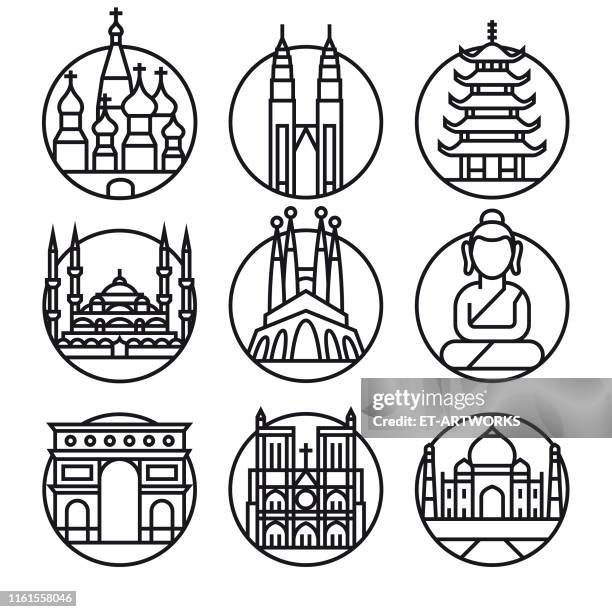 vector famous travel - icon set - pagoda stock illustrations