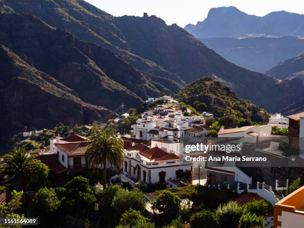 aerial view of the village tejeda and the natural space "risco caído and the sacred spaces of montaña de gran canaria", gran canaria island, canary islands, spain - tejeda fotografías e imágenes de stock