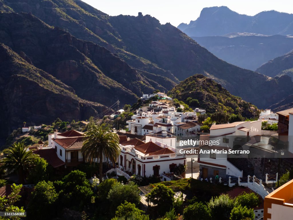 Aerial view of the village Tejeda and the natural space "Risco Caído and the Sacred Spaces of Montaña de Gran Canaria", Gran Canaria island, Canary Islands, Spain