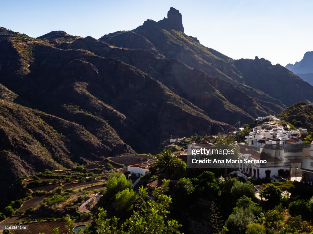 Aerial view of the village Tejeda and the natural space "Risco Caído and the Sacred Spaces of Montaña de Gran Canaria", Gran Canaria island, Canary Islands, Spain