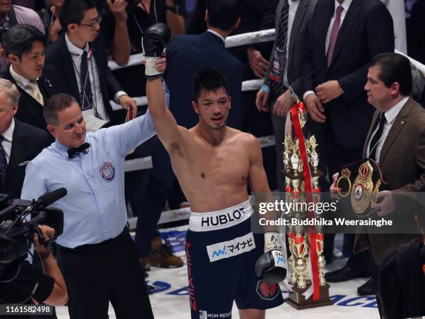 Ryota Murata of Japan reacts after defeating Rob Brant of USA during the WBA Middleweight title bout at Edion Arena Osaka on July 12, 2019 in Osaka,...
