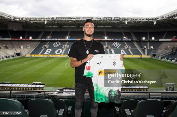 Ramy Bensebaini pose for a picture at Borussia-Park on August 14, 2019 in Moenchengladbach, Germany.