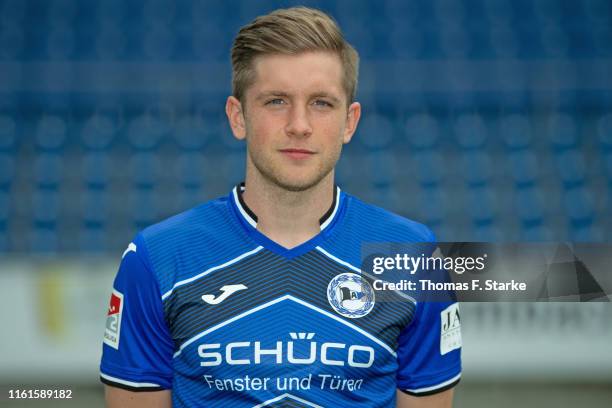 Patrick Weihrauch of Arminia Bielefeld poses during the team presentation at Schueco Arena on July 12, 2019 in Bielefeld, Germany.