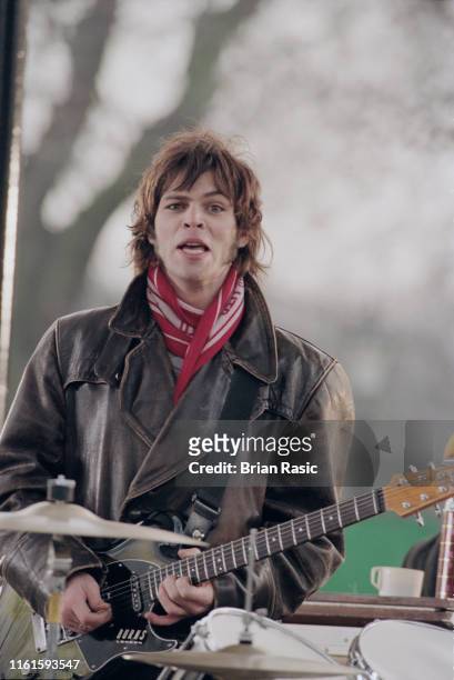 Gaz Coombes, lead singer and guitarist with English rock group Supergrass, pictured during a video shoot for the band's new single 'Going Out' on a...