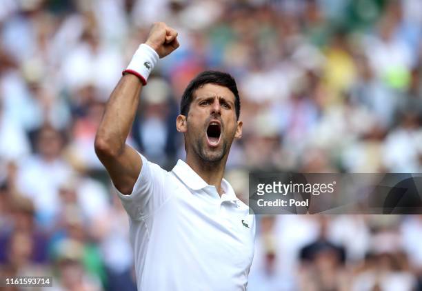 Novak Djokovic of Serbia celebrates in his Men's Singles semi-final match against Roberto Bautista Agut of Spain during Day eleven of The...
