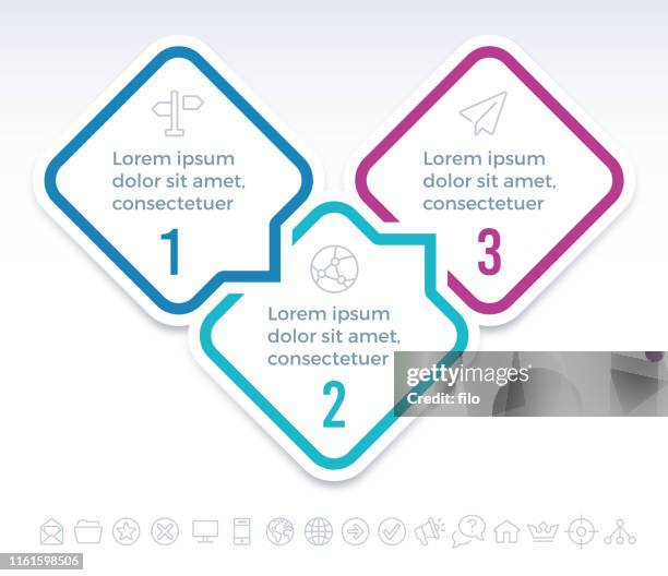 illustrations, cliparts, dessins animés et icônes de bulles de discours infographiques en trois étapes - trois objets